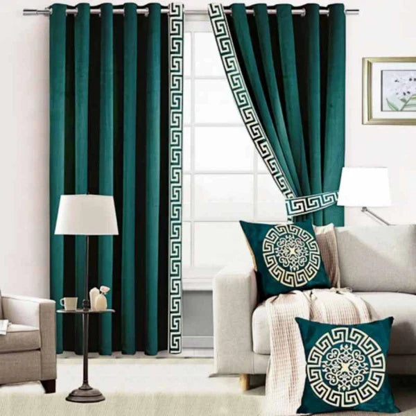 Premium Velvet Curtain ( 2 Curtains & 2 side belts ) - Green (0057)