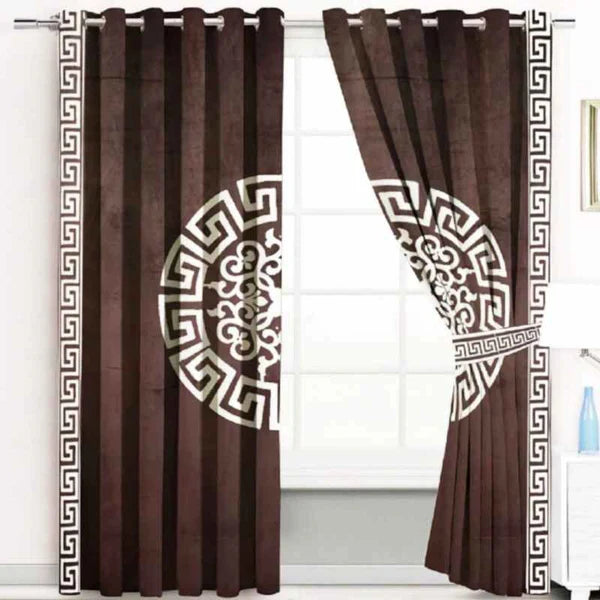 (2 Pieces) Luxury Splendid Velvet Curtain - Brown & Off White (0002)