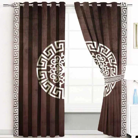 (2 Pieces) Luxury Splendid Velvet Curtain - Brown & Off White (0002)