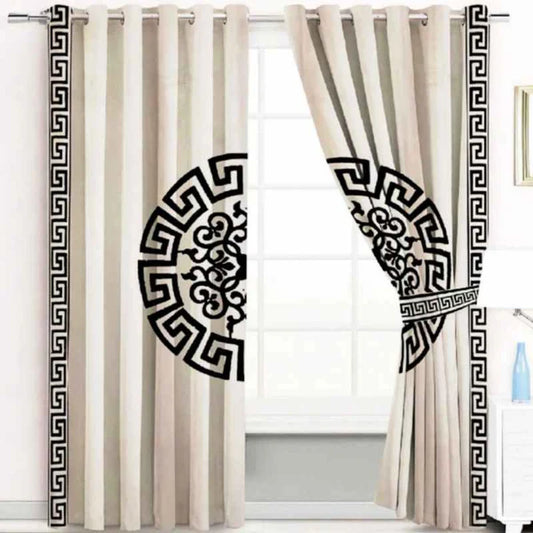 (2 Pieces) Luxury Splendid Velvet Curtain - Beige & Black (0003)