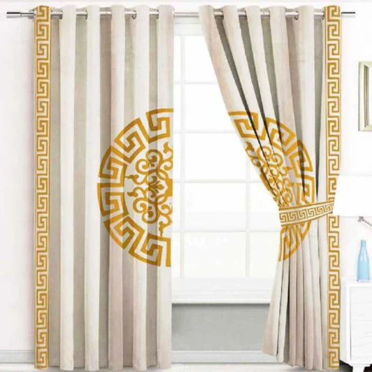 (2 Pieces) Luxury Splendid Velvet Curtain - Beige & Golden (0001)
