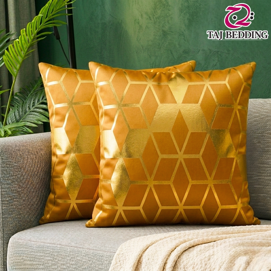 3D Isometric Foil Cube Printed Velvet Cushion Cover – Mustard