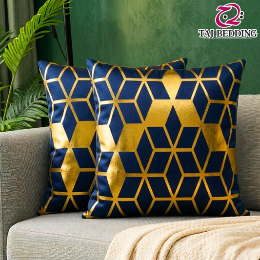 3D Isometric Foil Cube Printed Velvet Cushion Cover – Navy Blue