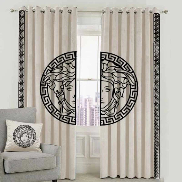 Versace Design Pair Of Velvet Curtains - Beige & White (0031)