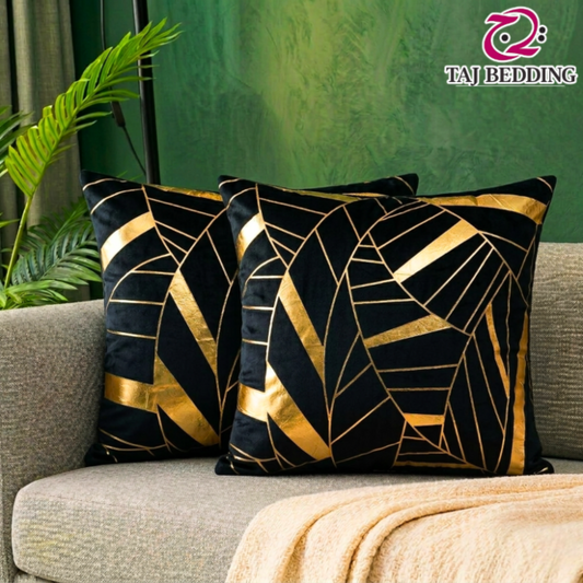 Art Deco Geomateric Leaf Velvet Cushion Cover – Black