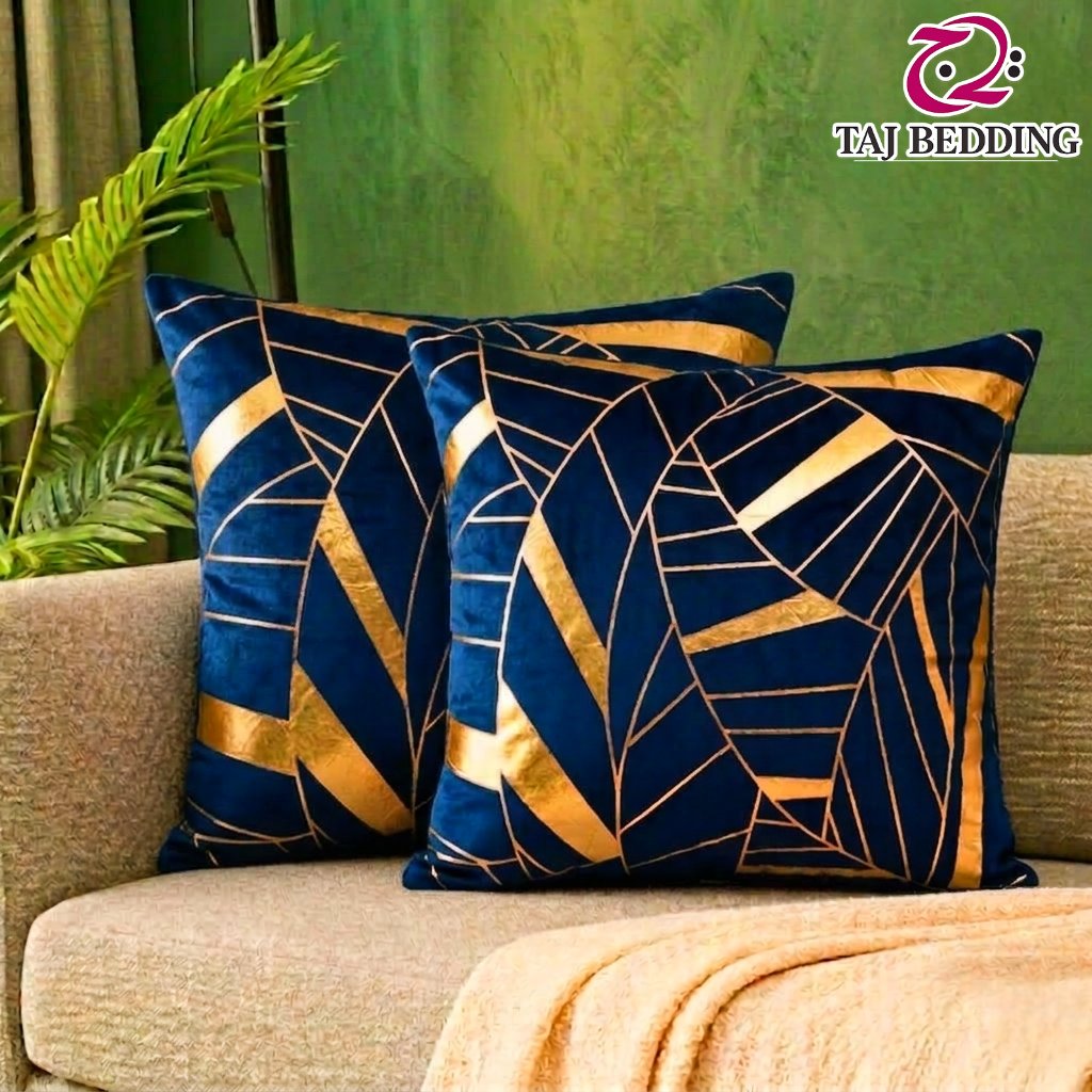 Art Deco Geomateric Leaf Velvet Cushion Cover – Navy Blue