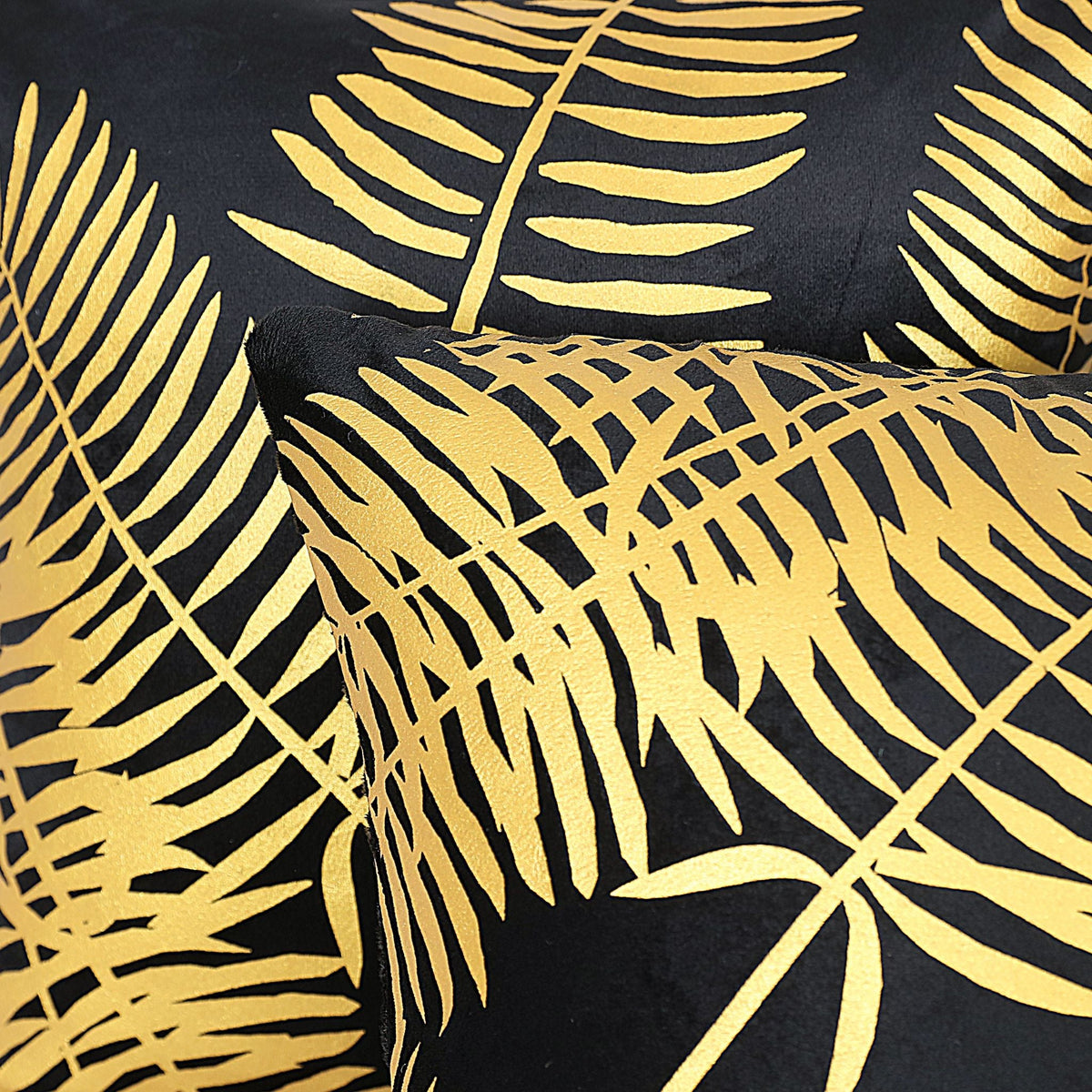 Gold Foil Palm Leaf Velvet Cushion Cover - Black