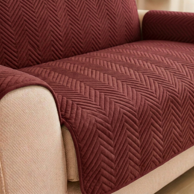 L Shape Waterproof Zigzag Ultrasonic Quilted Sofa Cover Maroon