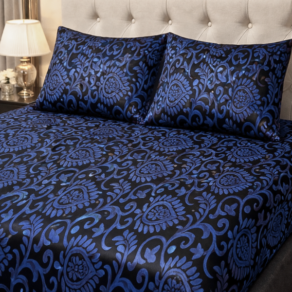 Luxury Embossed Jacquard Fitted Bedsheet Set Navy Blue - King Size