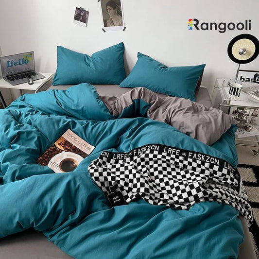 Reversible Duvet Cover Set King Size - Teal Blue & Grey (191)