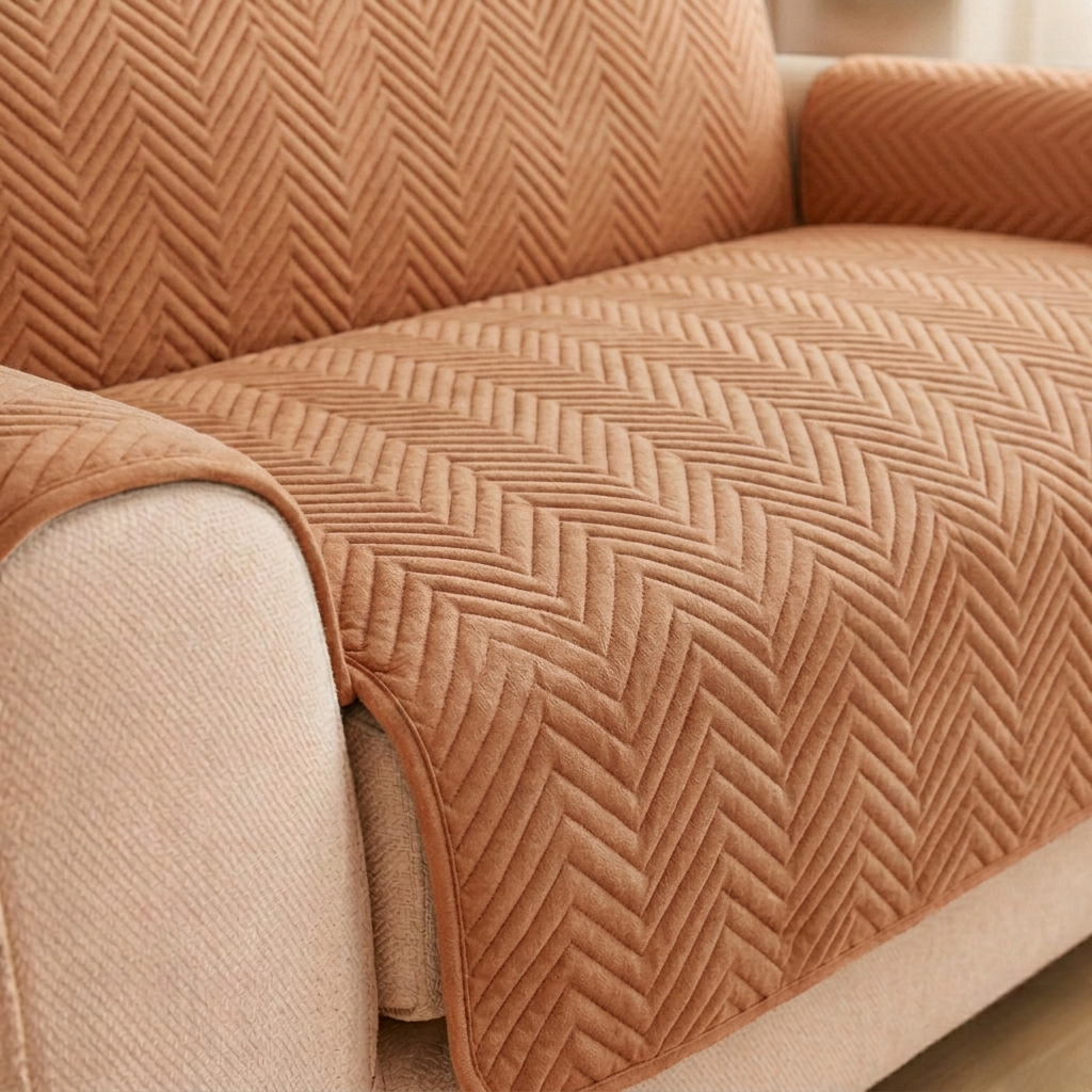 Waterproof Ultrasonic Zigzag Quilted Sofa Cover Skin Peach