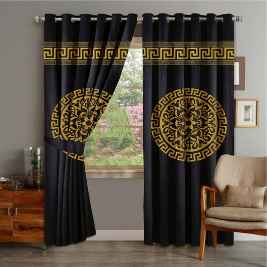 2 PIECE OF PREMIUM VELVET CURTAINS WITH 2 BELTS (BLACK&GOLD) (0023)