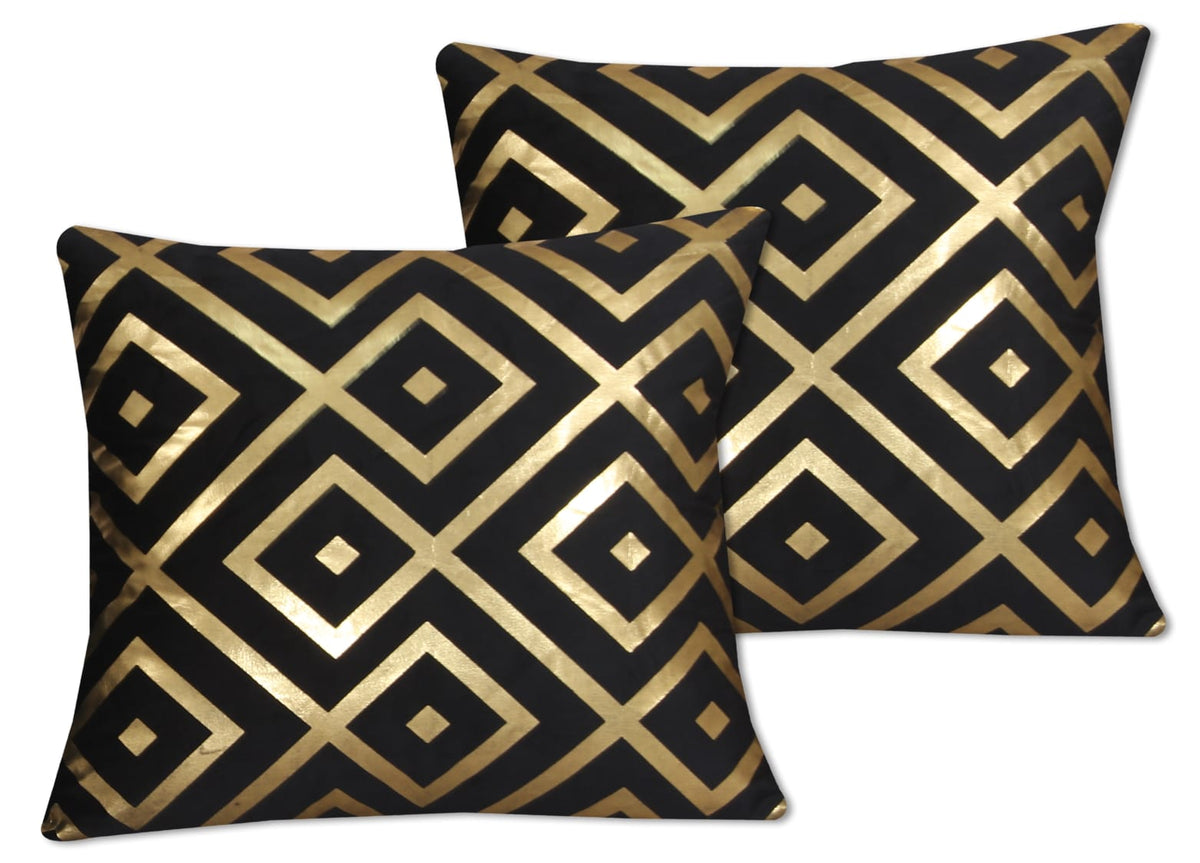 Geometric Diamond Foil Velvet Cushion Cover – Black
