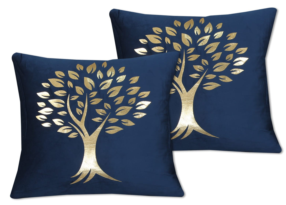 Golden Tree of Life Velvet Cushion Cover - Navy Blue
