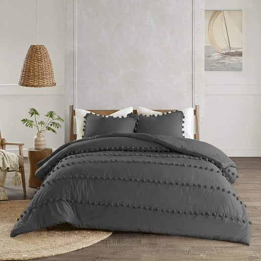 6 Pcs Luxury Duvet Set With Pom Pom Lace - Dark Grey (055)