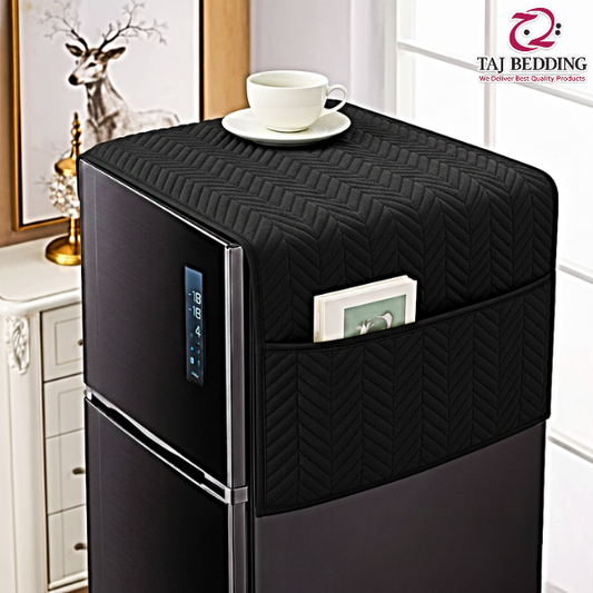 Zigzag Ultrasonic Quilted Refrigerator Cover With Pockets - Black