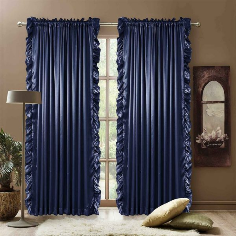 2 Pieces Luxury Ruffle Curtain Silk – Blue (0112)