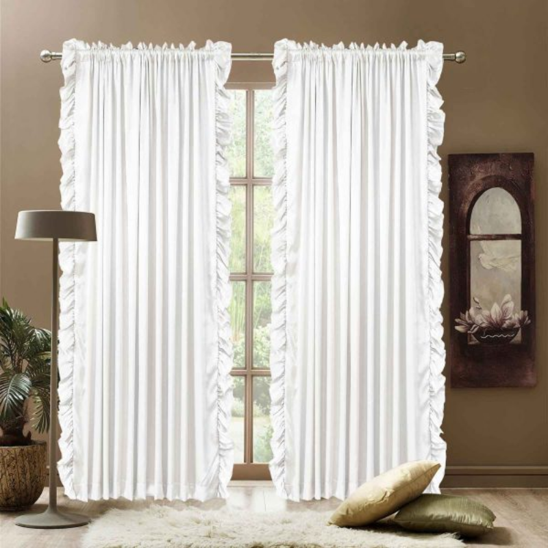 2 Pieces Luxury Ruffle Curtain Silk – White (0121)