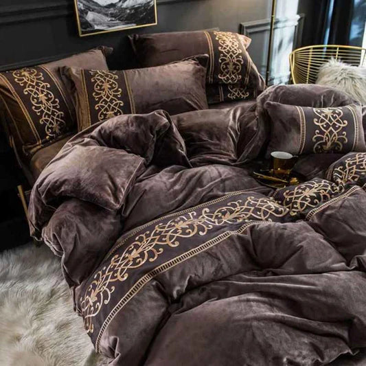 Luxury Embossed  Velvet Duvet Set - Brown