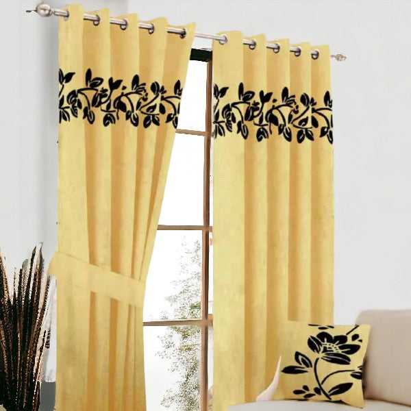 (2 Pieces) Floral Velvet Curtain - Golden & Black (0015)