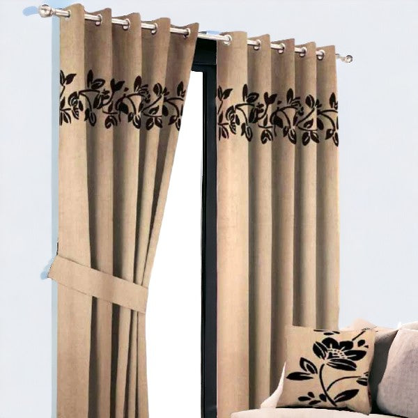 (2 Pieces) Floral Velvet Curtain - Dull Brown & Black (0014)