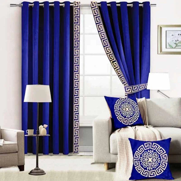 Premium Velvet Curtain ( 2 Curtains & 2 side belts ) -  Blue) (0054)