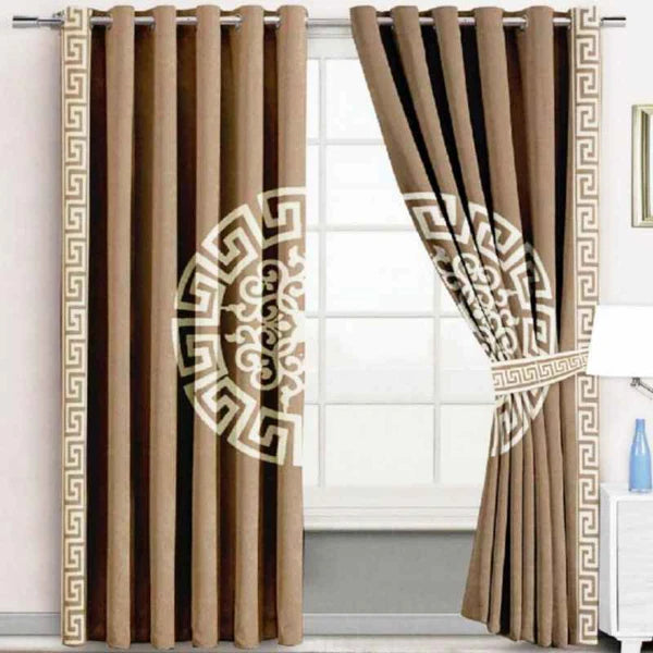 (2 Pieces) Luxury Splendid Velvet Curtain -Dull Brown & Off White (0013)