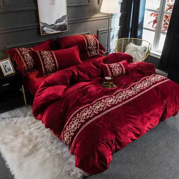 Luxury Embossed Velvet Duvet Set - Red