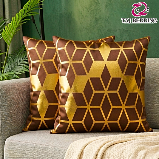 3D Isometric Foil Cube Printed Velvet Cushion Cover – Brown