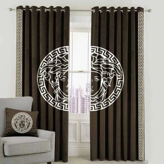 Versace Design Pair Of Velvet Curtains - Brown & White (0034)