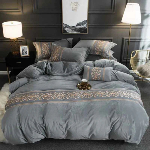 Luxury Embossed Velvet Duvet Set - Grey