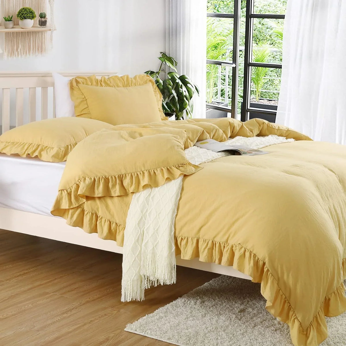 3 Pcs Ruffle Edge Duvet Cover Set - Yellow (264)