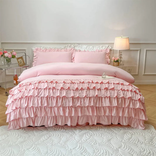 3 Pcs Ruffle Duvet Cover Set - Pink (250)