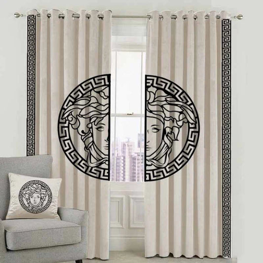 Versace Design Pair Of Velvet Curtains - Beige & White (0031)