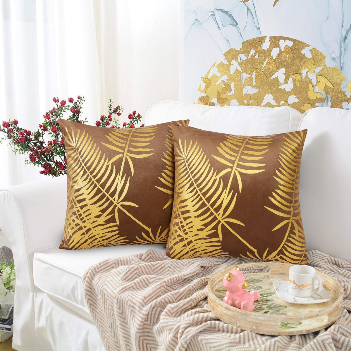 Gold Foil Palm Leaf Velvet Cushion Cover - Brown