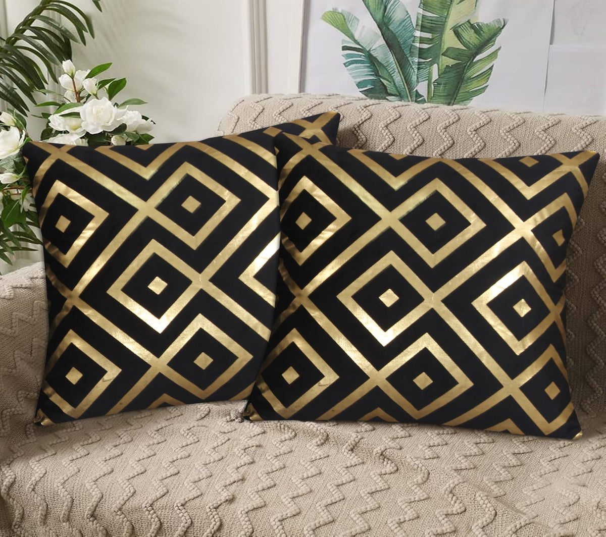 Geometric Diamond Foil Velvet Cushion Cover – Black