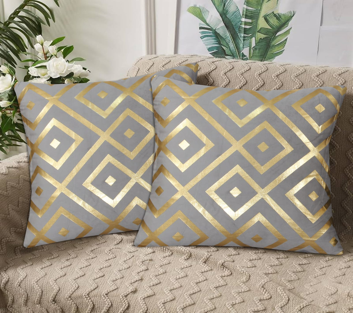 Geometric Diamond Foil Velvet Cushion Cover – Grey