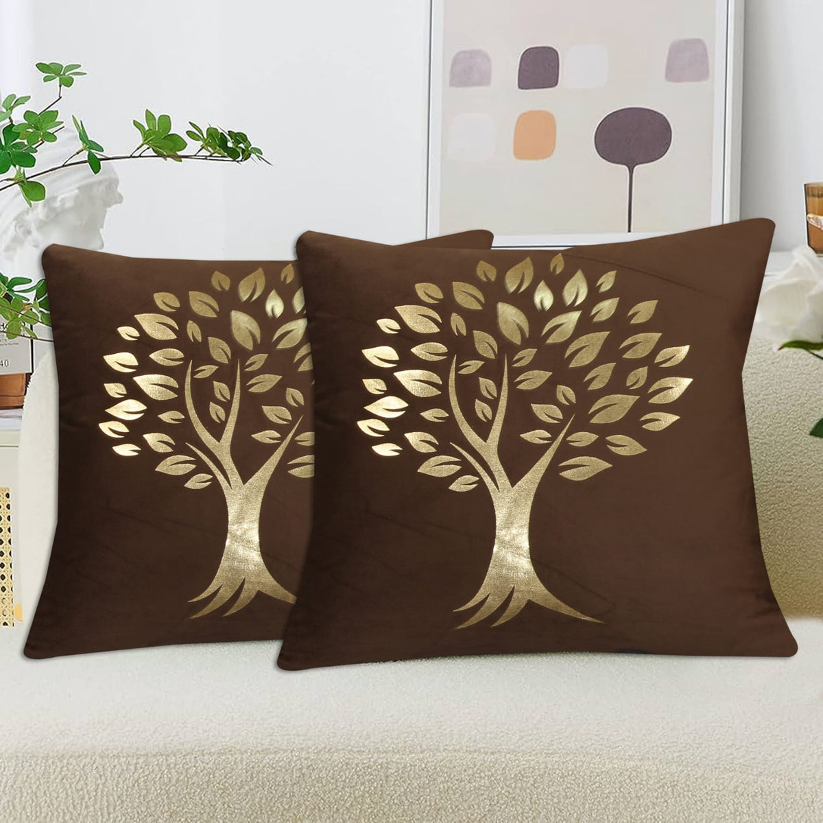 Golden Tree of Life Velvet Cushion Cover - Brown