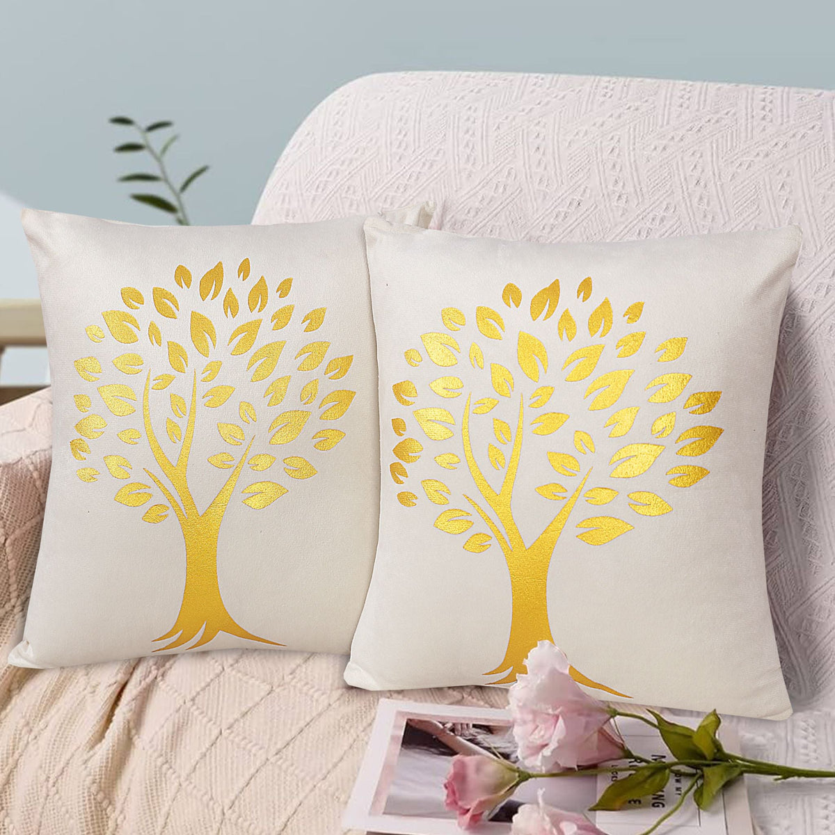 Golden Tree of Life Velvet Cushion Cover - Off White