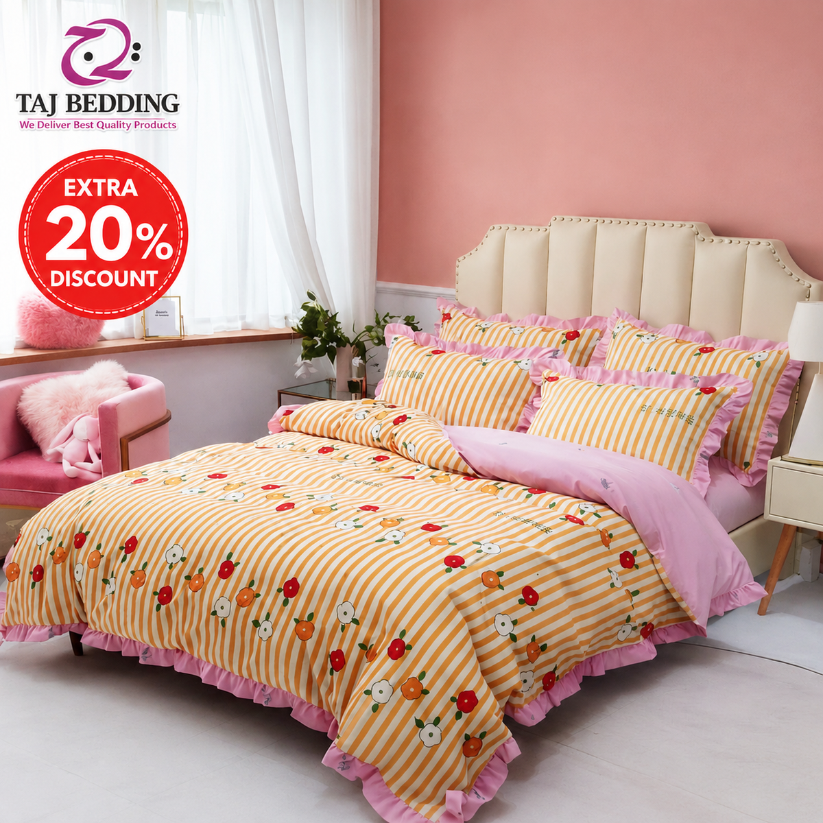 King Size Duvet Set 4 Pcs – Peach Orange Floral Bedding Set
