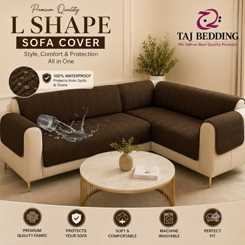 L Shape Waterproof Zigzag Ultrasonic Quilted Sofa Cover Brown