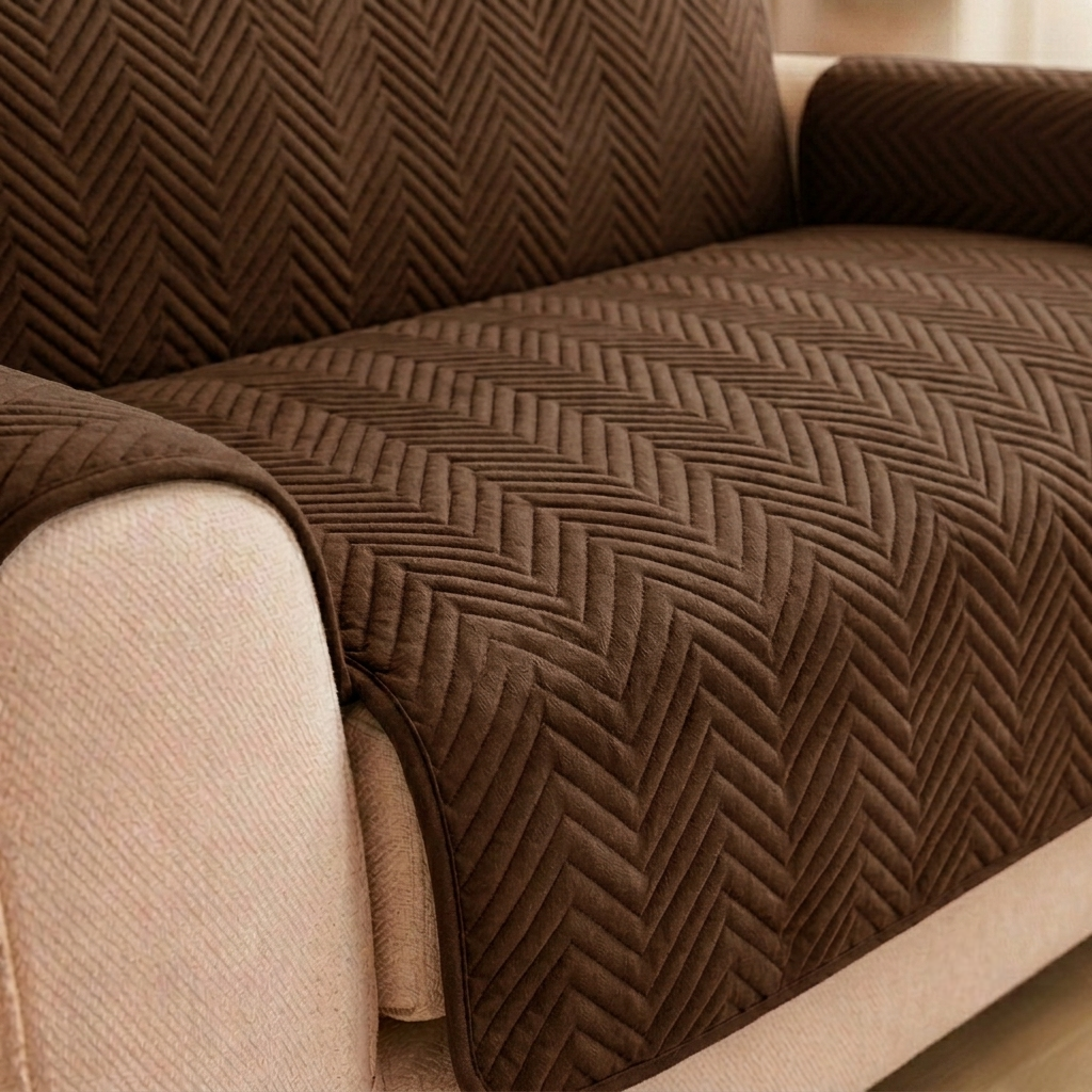 L Shape Waterproof Zigzag Ultrasonic Quilted Sofa Cover Brown