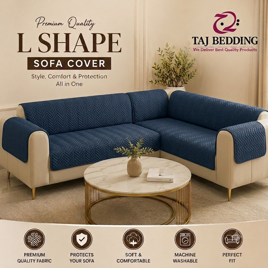 L Shape Zigzag Ultrasonic Quilted Sofa Cover Navy Blue