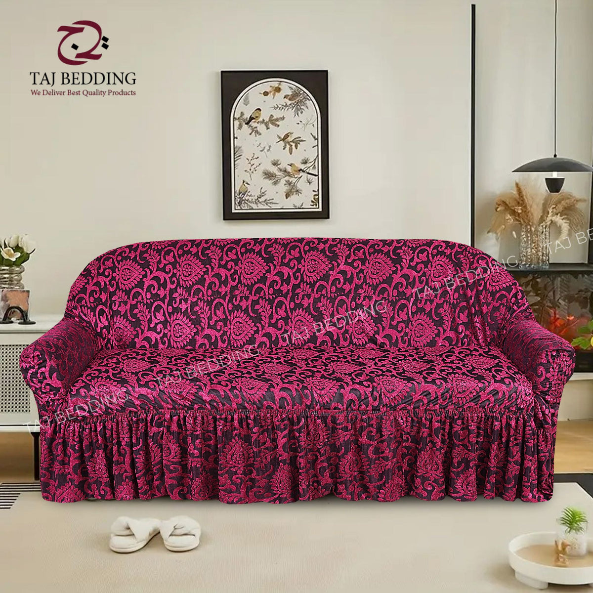 Luxury Embossed Jacquard Sofa Cover Maroon
