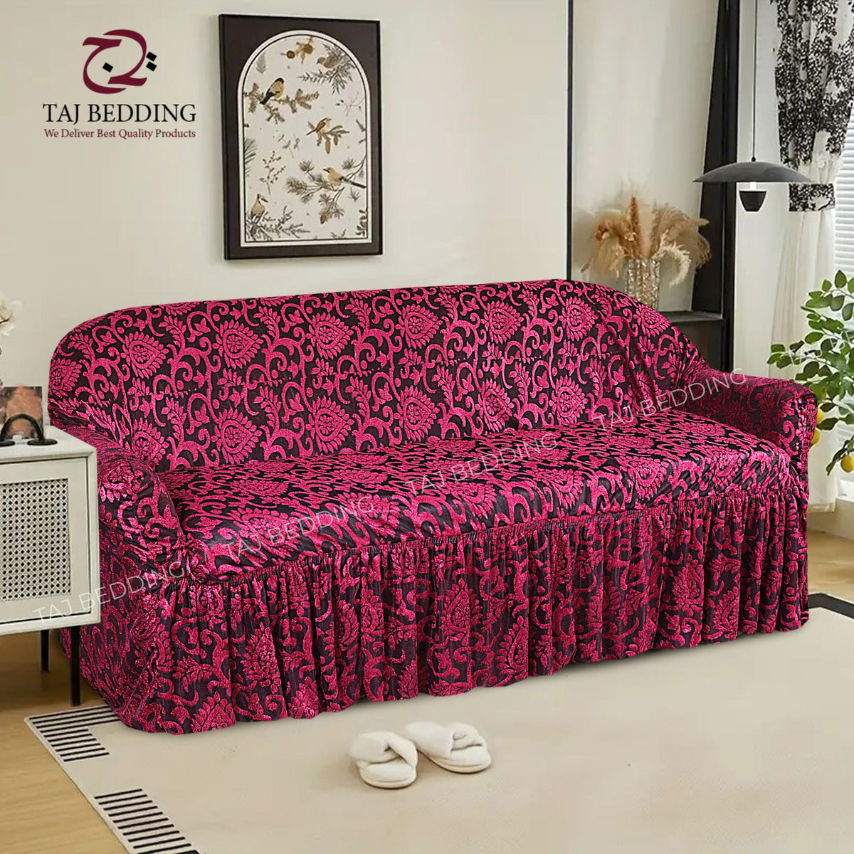 Luxury Embossed Jacquard Sofa Cover Maroon