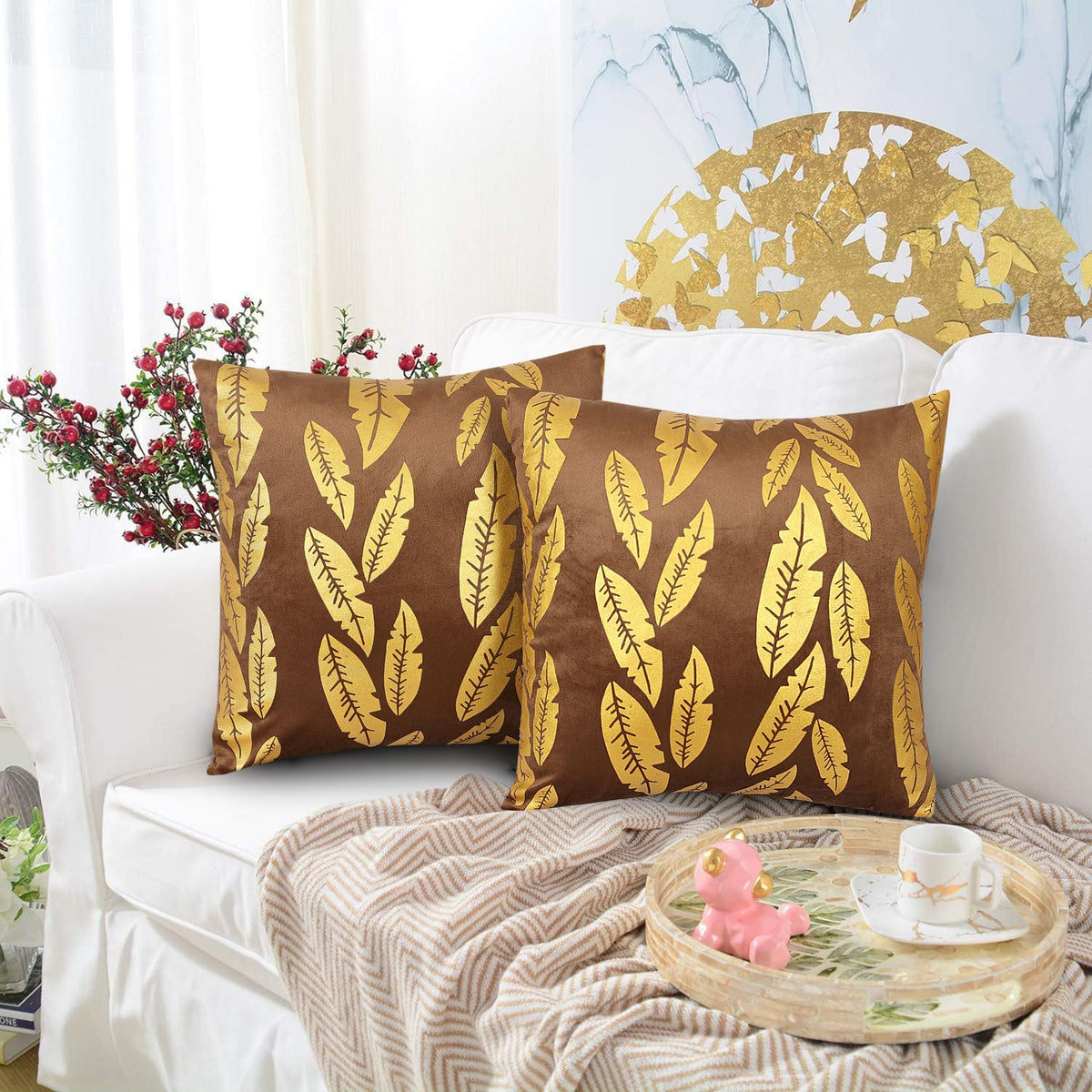 Metallic Feather Style Velvet Cushion Cover - Brown