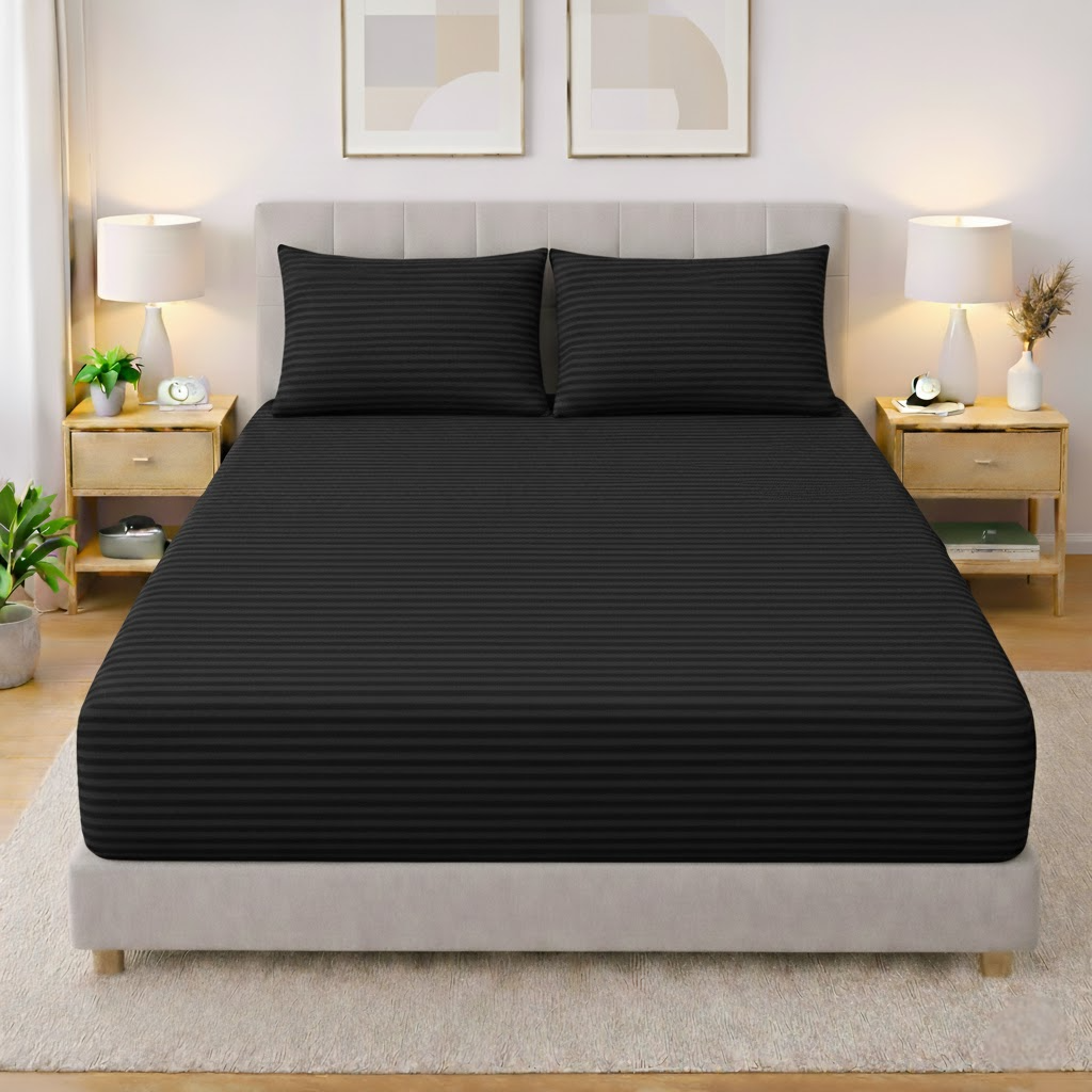 Premium Striped Fitted Bedsheet Set Black - King Size