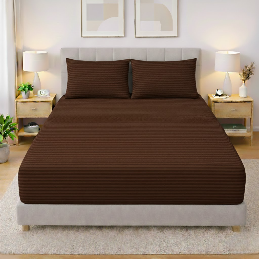 Premium Striped Fitted Bedsheet Set Chocolate Brown - King Size