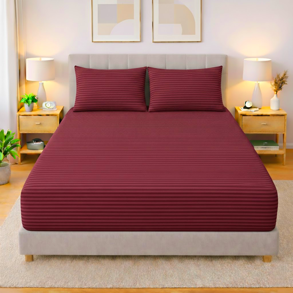 Premium Striped Fitted Bedsheet Set Maroon - King Size