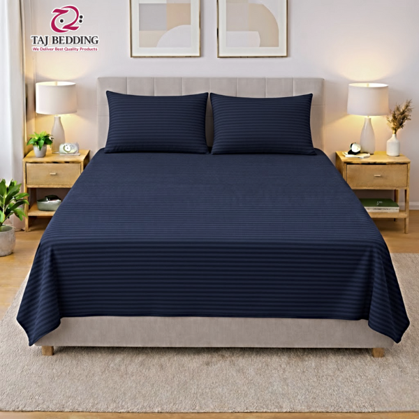 Premium Striped Flat Bedsheet Set Navy Blue - King Size
